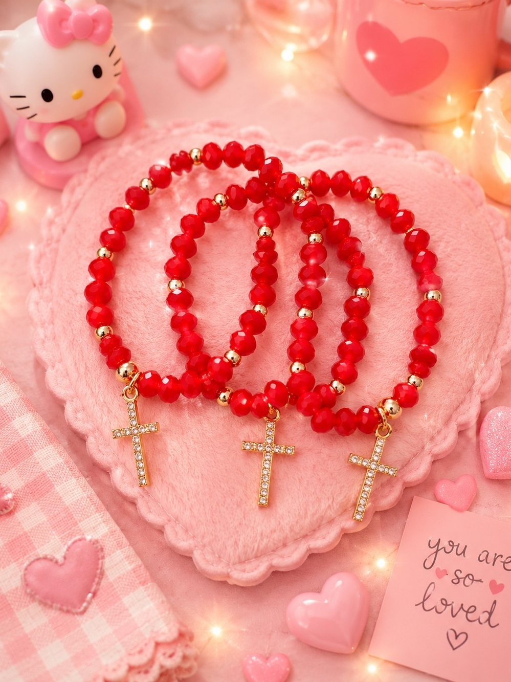 3 Red Beaded Cross Bracelet - Gold Charm